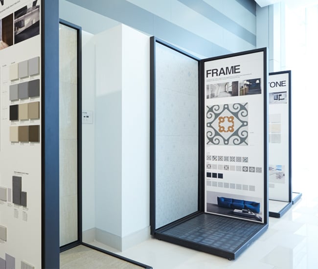 Showroom with panel of products