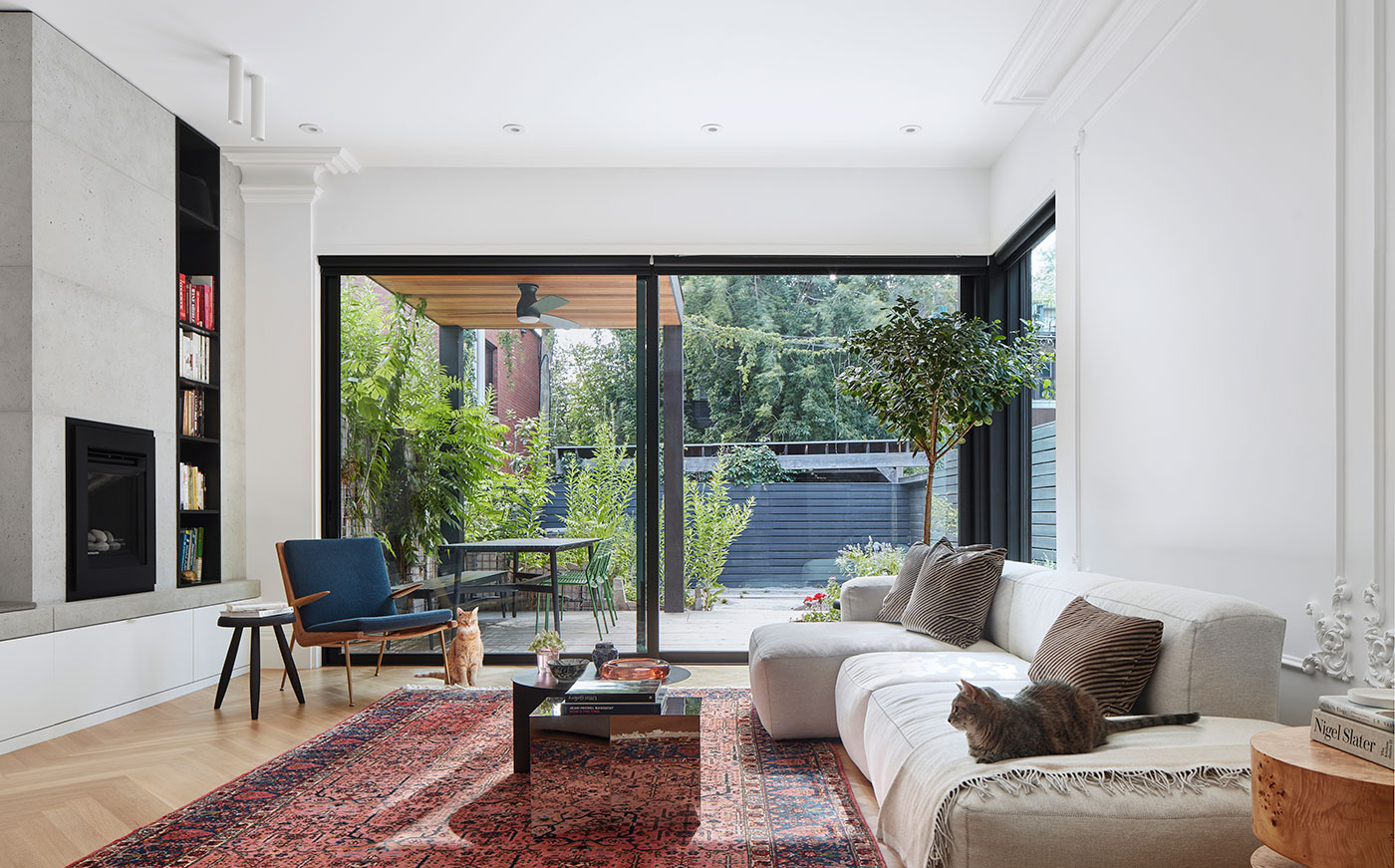 Living room with cats sleeping on sofa sitting on area rug. Interview with Gloria Apostolou & Jennifer Kominek 